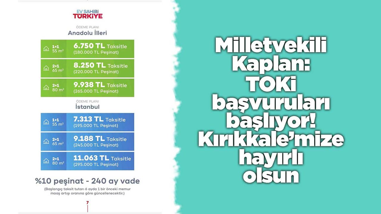 Milletvekili Kaplan: TOKİ başvuruları başlıyor! Kırıkkale’mize hayırlı olsun