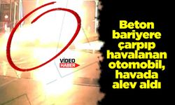 Beton bariyere çarpıp havalanan otomobil, havada alev aldı