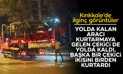 Kırıkkale’de ilginç görüntü! Arızalanan aracı çeken çekici de arızalandı