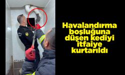 Havalandırma boşluğuna düşen kediyi itfaiye kurtarıldı