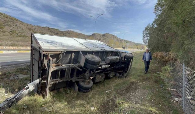 Seyir halindeyken direksiyonu kitlenen kamyon şarampole devrildi