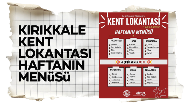 Kırıkkale Belediyesi Kent Lokantası’nda Haftanın Menüsü Açıklandı