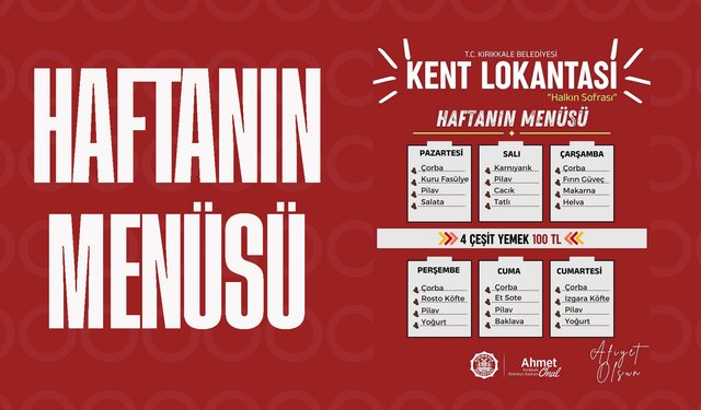 Kırıkkale Kent Lokantası’nda Haftanın Menüsü Açıklandı