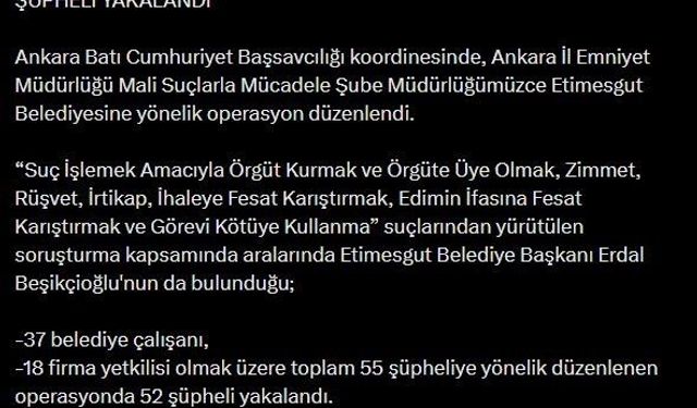 Etimesgut Belediyesine mali suç operasyonu: 52 şüpheli yakalandı