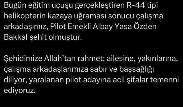 Helikopter kazasında yaralanan pilot adayının tedavisi sürüyor