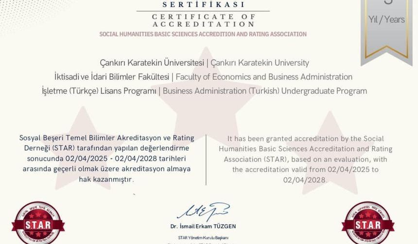 Çankırı Karatekin Üniversitesi’ndeki bir bölüme 3 yıllık akreditasyon belgesi