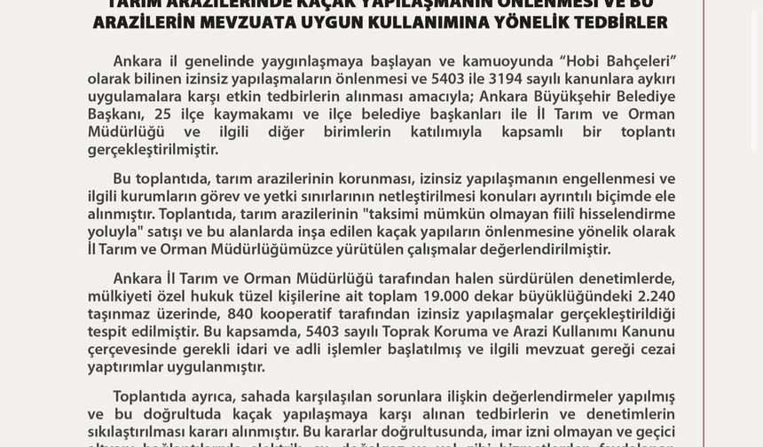 Hobi bahçelerine ilişkin karar: Kaçak yapılara yasak