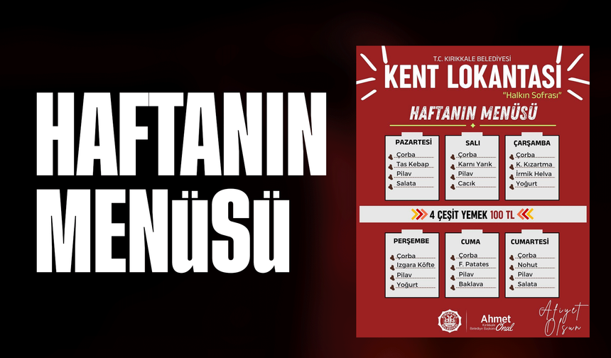 Kırıkkale Kent Lokantası haftanın menüsü