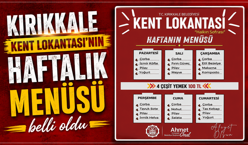 Kırıkkale Kent Lokantası’nın haftalık menüsü belli oldu