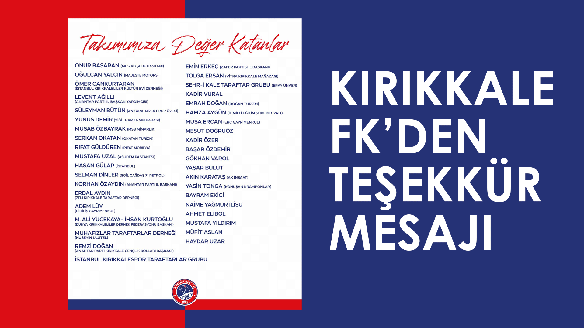 Kırıkkale FK’den taraftara teşekkür