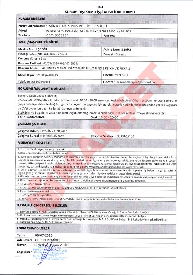 Keskin Personel Ilanı