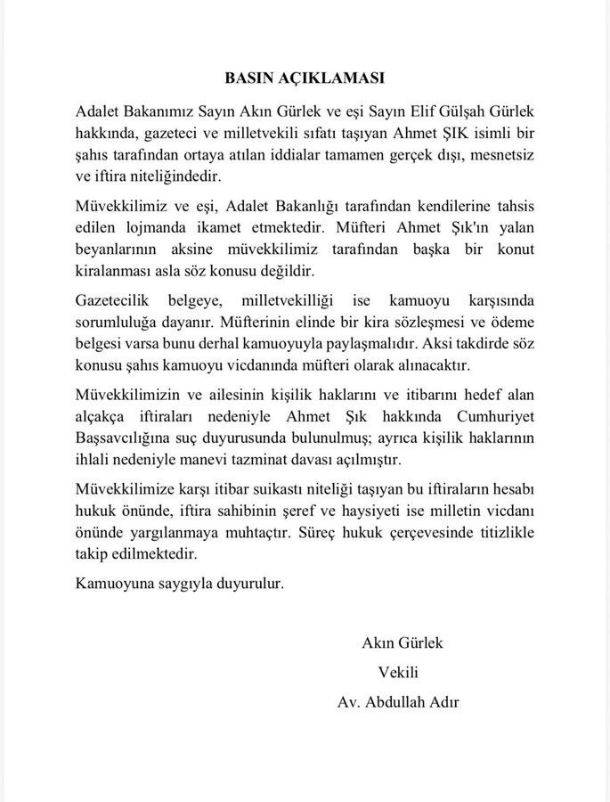 Adalet Bakanı Gürlek'in avukatından Şık'a suç duyurusu