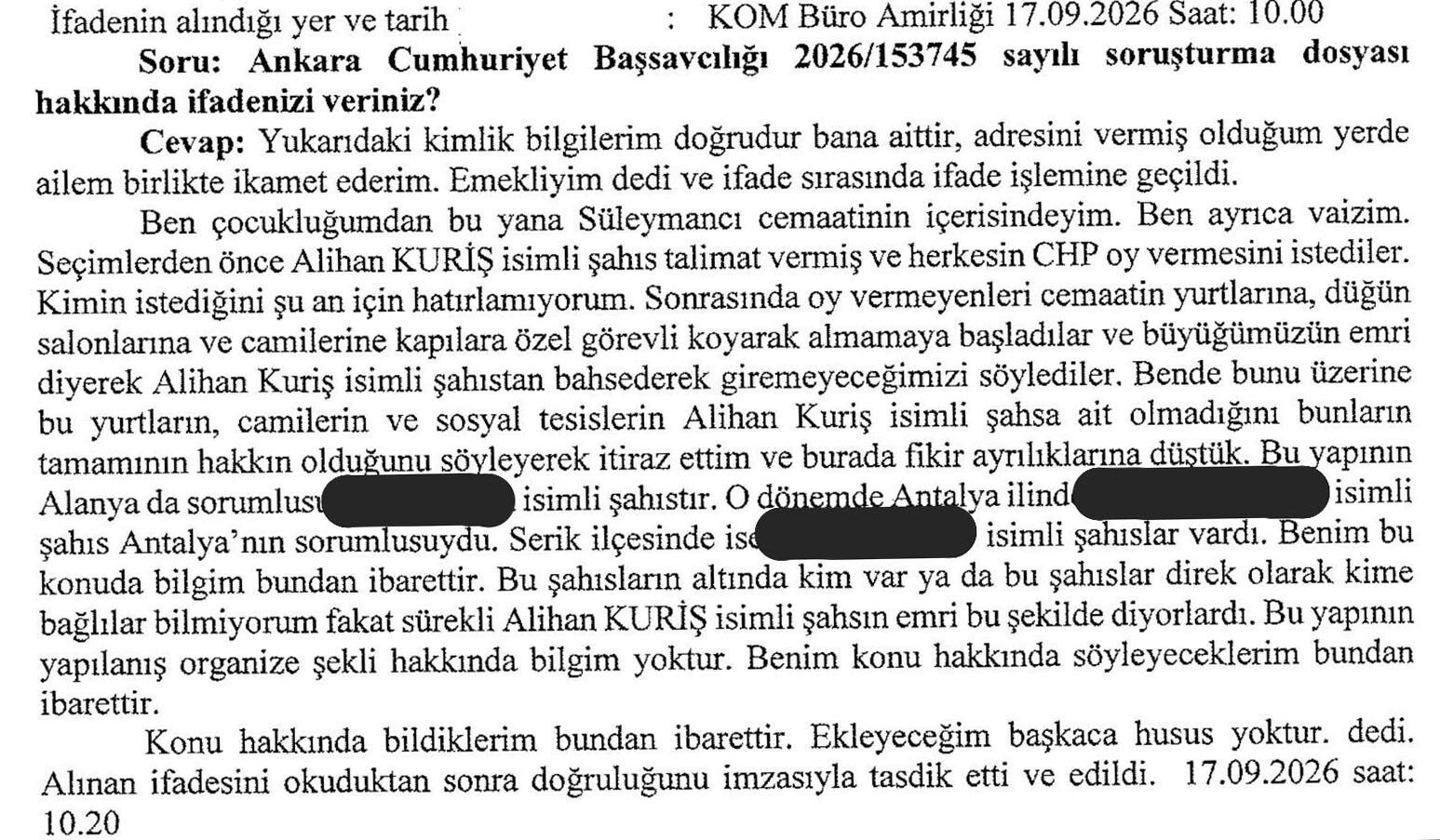Tanıklardan Kuriş suç örgütü hakkında çarpıcı beyan: CHP'ye oy vermediği için camiye ve yurda alınmadı