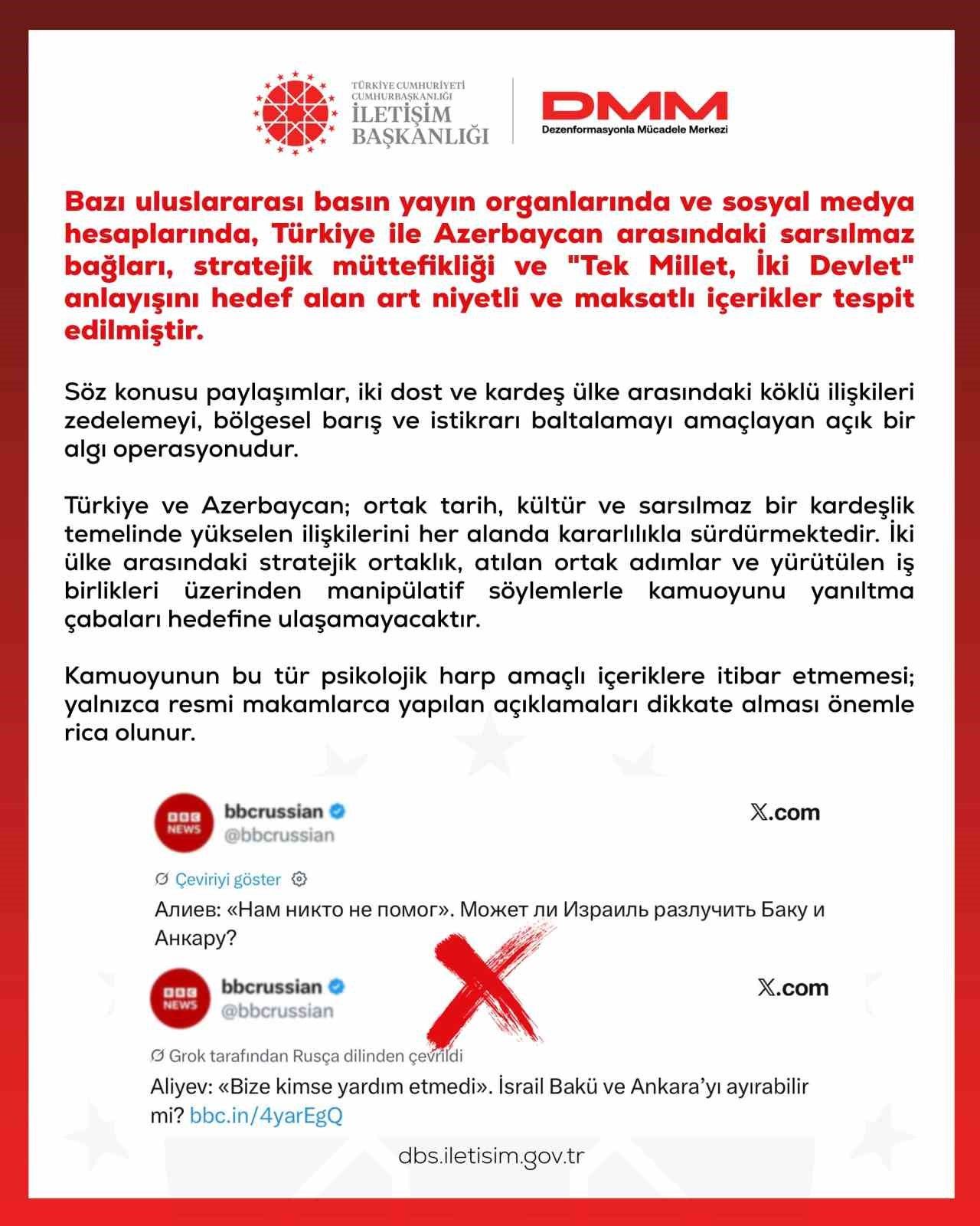 Dezenformasyonla Mücadele Merkezi: 'Türkiye ve Azerbaycan, kardeşlik temelinde yükselen ilişkilerini kararlılıkla sürdürmektedir'